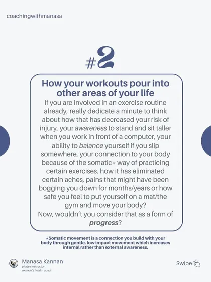 Let's think about how your workouts pour into other areas of your life. Better posture, fewer aches, and a stronger connection to your body are all incredible forms of progress that we often overlook.