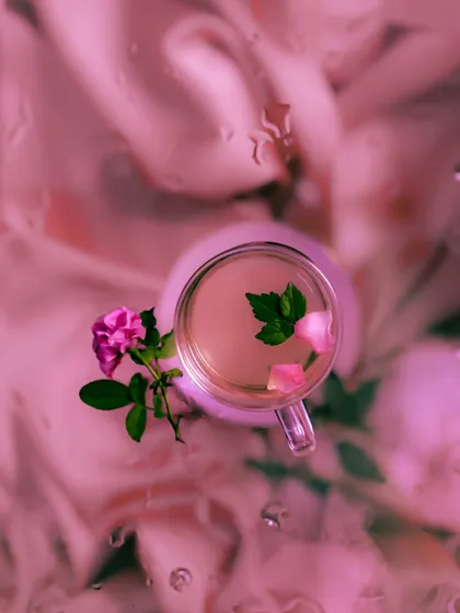 An abstract, dreamy shot of a cup of rose tea seen through a misty, pink-tinted filter. This artistic approach is perfect for brands that want to evoke a specific mood or feeling.
