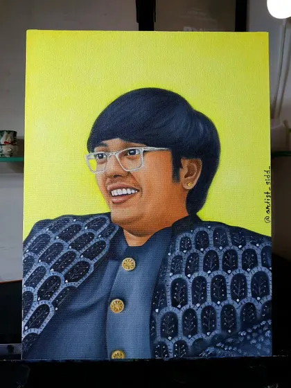 The finished oil painting of comedian Mehul bhai. I tried to capture his happy and energetic personality with a bright yellow background.