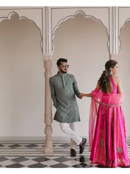 A stylish pose from the couple during their pre-wedding event in Jaipur.