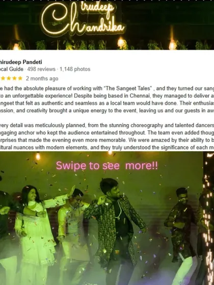 "They managed to deliver a Telugu sangeet that felt as authentic and seamless as a local team would have done." We were thrilled to blend cultural nuances with modern elements for this unforgettable Telugu sangeet.