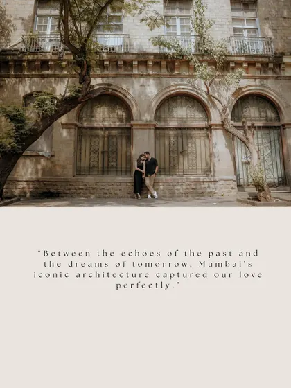 "Between the echoes of the past and the dreams of tomorrow." A romantic embrace against a stunning architectural backdrop, perfectly capturing their love story in Mumbai.
