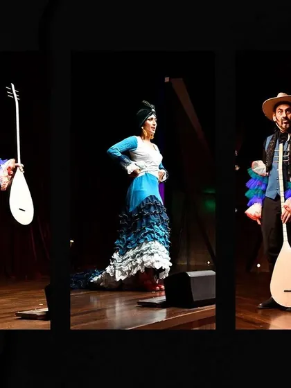 A triptych of images from a performance of "No Strings Attached." It shows the vibrant costumes and dynamic interactions between the characters on stage.
