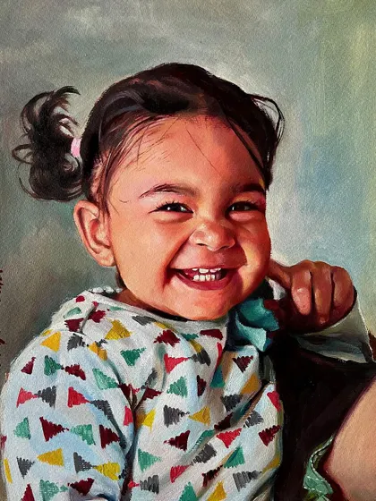 An oil portrait of my daughter, Ishanvi. Her joyful, toothy smile is the centerpiece of this painting, and I used oils to capture the soft, smooth quality of her skin.