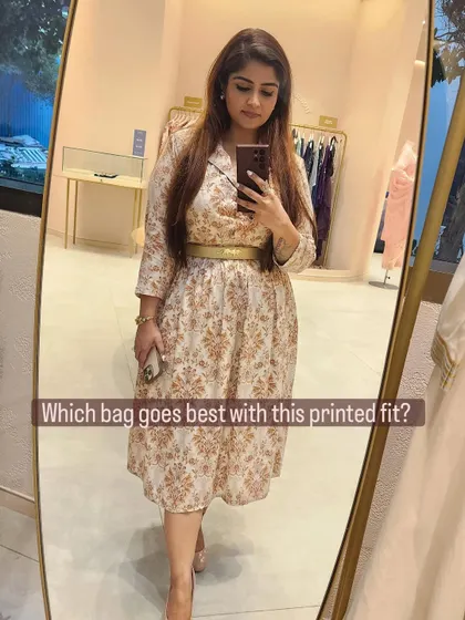 A poll-style image asking "Which bag goes best with this printed fit?" to engage the audience.