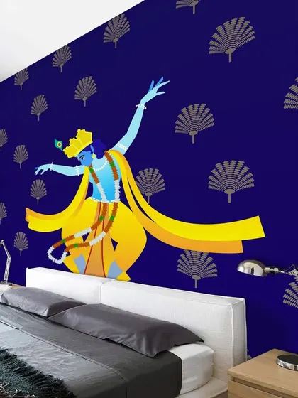 This bedroom becomes a sanctuary of peace and devotion with our Dancing Lord Krishna wallpaper. It’s a beautiful way to incorporate spiritual art into your personal space.