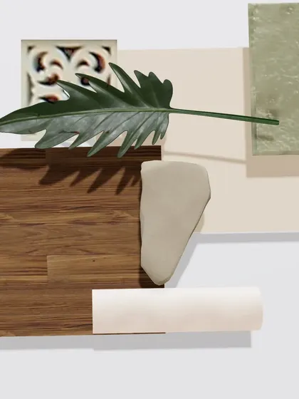 Our material board speaks the language of sophistication with wooden warmth, refreshing greens, and intricate carvings against a serene off-white canvas. Each element tells a story.