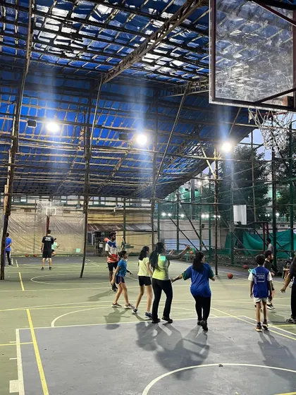 A group of our female players practicing their defensive stances. We provide dedicated coaching for girls, focusing on building strong fundamentals and on-court confidence.