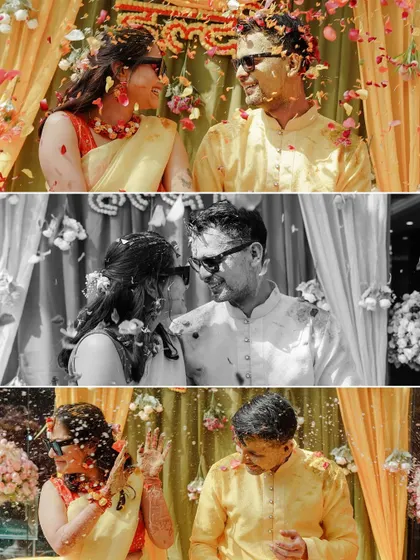 A collage of the couple being showered with flower petals at their poolside Haldi. The mix of color and black and white shots adds an artistic touch.