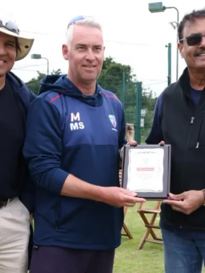 Presenting a memento alongside Rashid Patel after our victory against Ainsdale. It is important for players to see senior cricketers model sportsmanship.