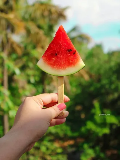 A hand holds up a slice of watermelon cut into a popsicle shape against a lush green background. This is a creative and refreshing take on summer food photography.