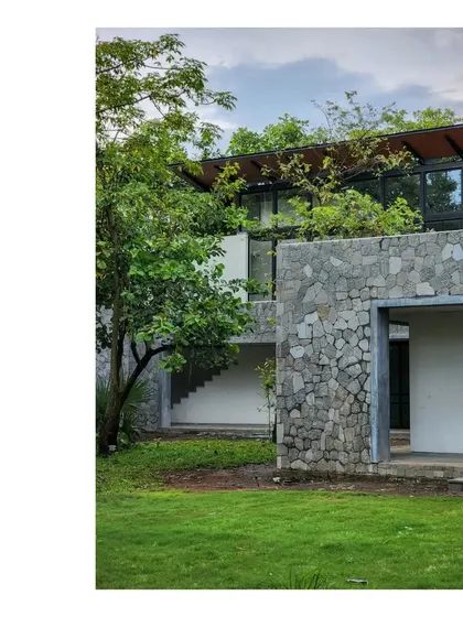 The House in a Grove, seen from the lawn. The design embraces the existing trees, with stone walls and glass volumes carefully placed to create a home that feels like a natural extension of the landscape.