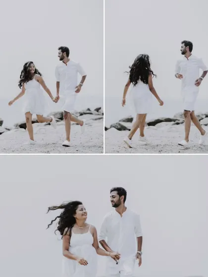 A collage of a couple in white outfits, walking and enjoying a playful time on the beach.