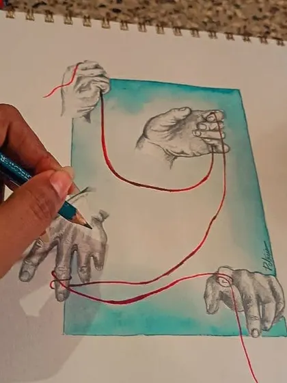 A work in progress shot of the 'Strings' artwork, showing my hand adding the final pencil details to the hands, demonstrating the blend of wet and dry media.