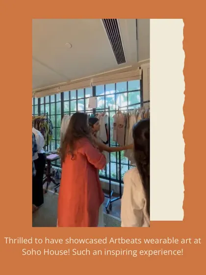 Thrilled to have showcased Artbeats wearable art at Soho House. This photo captures a moment of connection, with customers browsing the collection and feeling the fabrics.