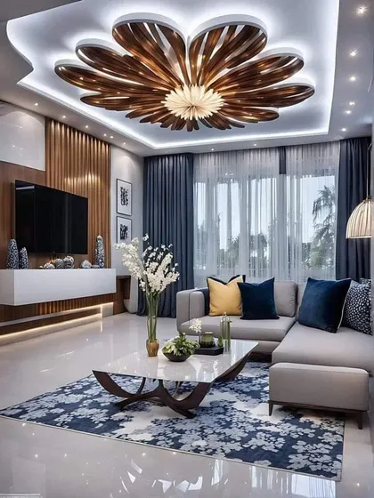 Your living room should be a centerpiece. Here, I've used a stunning flower-petal ceiling light fixture and a cohesive color palette to create a modern, luxurious space that feels both grand and inviting.