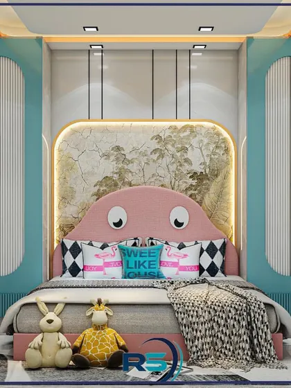 A whimsical 3D design for a child's room in Paschim Vihar. The custom bed has a playful, character-inspired headboard, and the surrounding walls feature soft, pastel-colored panels and integrated storage.