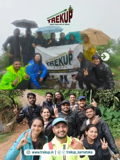 Two group photos from a rainy but happy trek. The weather cannot dampen our spirits when we are all in it together.