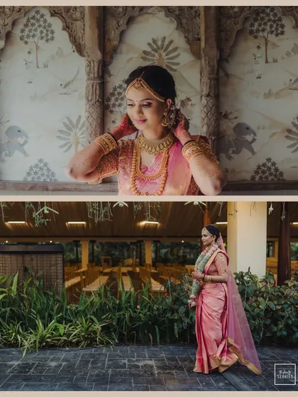 A collage showing the bride getting ready and a full-length shot of her at the venue, telling a story of her transformation.