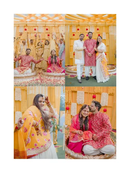 A collection of happy memories from the haldi ceremony. This collage includes a group photo, a candid dancing shot, and a sweet moment between the couple, capturing the love and joy of the day.