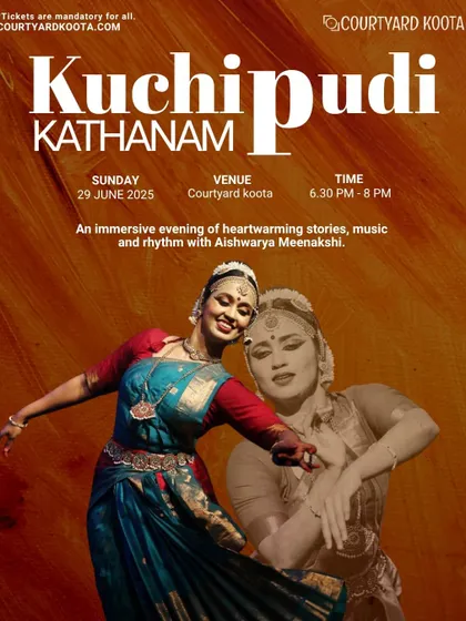 The poster for "Kuchipudi Kathanam," a vibrant dance recital by Aishwarya Meenakshi. Our stage is a platform for artists to present both traditional and contemporary choreographies in classical dance forms.