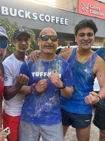 Post-run and post-Holi celebration outside Starbucks. A perfect end to a perfect training day.