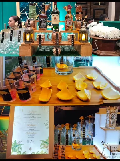 This collage shows the variety of our bar setups, from a rustic whiskey station with copper mugs to a modern mocktail bar with fresh citrus garnishes.
