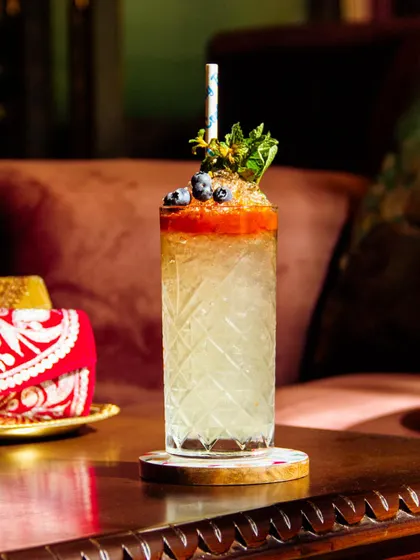 Quench your thirst and beat the heat with this delicious summer sip. A tall, refreshing highball topped with fresh berries and mint.
