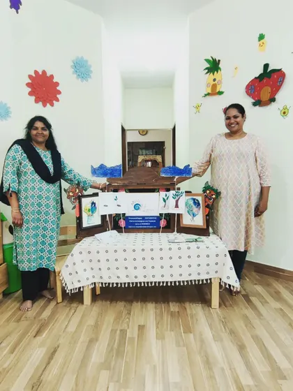 Posing with our wonderful host and our fully decorated Kamishibai stage. We love collaborating with different venues across Bangalore to bring our stories to new neighborhoods.
