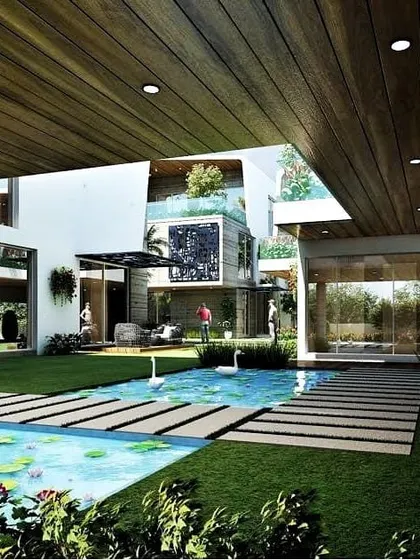 An ambitious design concept for a luxury home, featuring a large water body with stepping stones that acts as a central element of the courtyard, blurring the lines between inside and out.