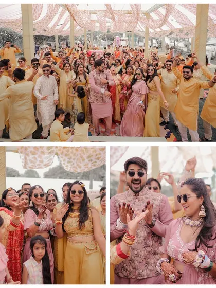 The dance and celebration during a Haldi ceremony are a must-capture. This collage shows the couple and their guests dancing with full energy, showcasing the festive spirit of the event.
