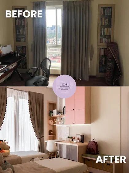 Another angle of the kids' room transformation, this view highlights the new study area. We replaced the old desk and bookshelves with a custom-built unit that includes a sleek desk, overhead storage, and a cozy bench, maximizing both function and style.