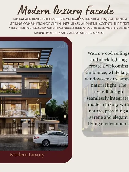 Explaining a modern luxury facade, this graphic showcases how we use clean lines, tiered structures, and materials like glass and perforated panels to achieve a sophisticated look that provides both privacy and aesthetic appeal.