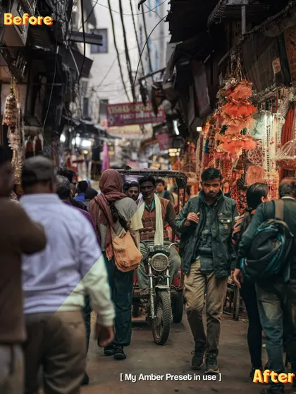 This before-and-after shows my editing process for a busy Delhi market scene. I use my custom 'Amber' preset to add warmth and a moody, cinematic tone that brings the street to life.