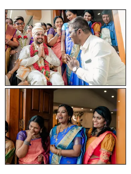 A collage of candid moments from the groom's side of the family during the wedding.