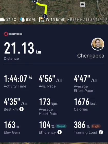 Another client's half-marathon result. Notice the strong average pace. This is the result of a concurrent training program that builds a powerful engine and a durable frame.