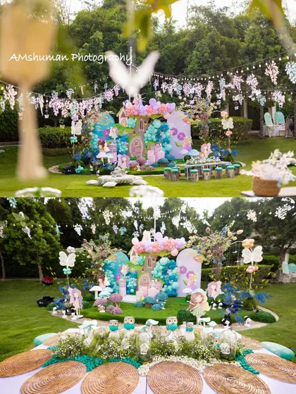 This perspective showcases the full scope of the fairyland party, from the detailed guest table in the foreground to the enchanting backdrop and hanging decorations, creating a layered and immersive environment.