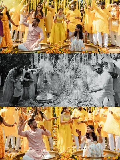 A collage showing the fun and energy of the Haldi ceremony, with friends and family dancing and showering the couple with water and petals. It’s a perfect depiction of festive chaos.
