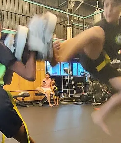 Another great action shot from our flying side kick class. The focus and power on display are a result of dedicated training.