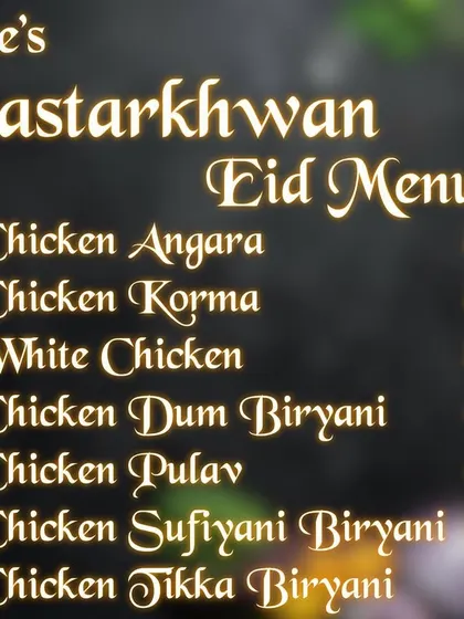 Here is a list of my chicken dishes available for bulk orders this Eid. You can choose from a variety of gravies like Chicken Angara and Korma, or different types of biryani including Sufiyani and Tikka Biryani, all priced per kilogram.