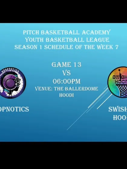 The schedule announcement for Game 13 of Season 1 between Hoopnotics and Swisher Hoops.