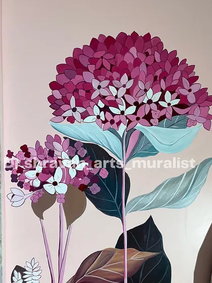 A quick bedroom wall art project in Guntakal. This mural features large, stylized hydrangea flowers in shades of pink, creating a bold and beautiful feature wall.