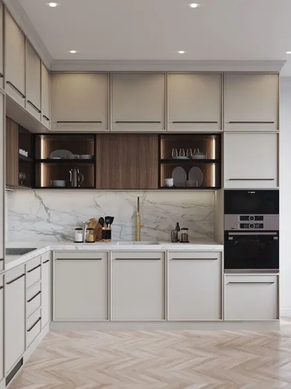 A beautifully rendered design showing a U-shaped kitchen with beige cabinets and a central wood-accented section. This showcases our ability to plan and visualize your kitchen before we start building.