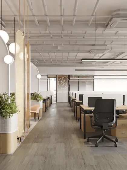 A conceptual rendering of the workstation area, exploring the use of cane partitions and integrated planters. This visualization was key to defining the balance between open space and semi-private zones.