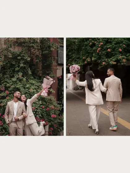 A diptych showing a couple's playful and romantic walk through the city. These shots capture their joyful interaction and stylish look, perfect for a modern pre-wedding story.