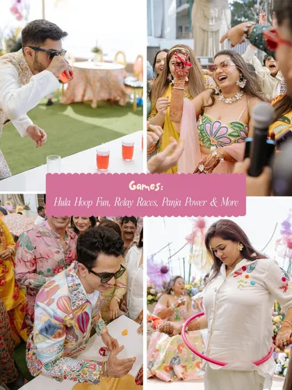A collage of the fun games at a pastel carnival mehendi, including hula hoops, relay races, and arm wrestling.