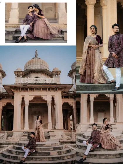 This collage shows a variety of poses from Ayush and Akshitha's royal pre-wedding shoot. It demonstrates how we guide couples to interact naturally, resulting in both classic and candid portraits.