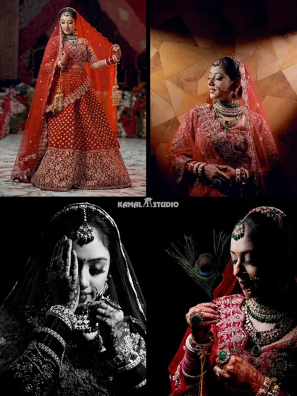 A stunning collage of the bride in her red lehenga, showcasing a mix of color, black and white, and artistic portraits.