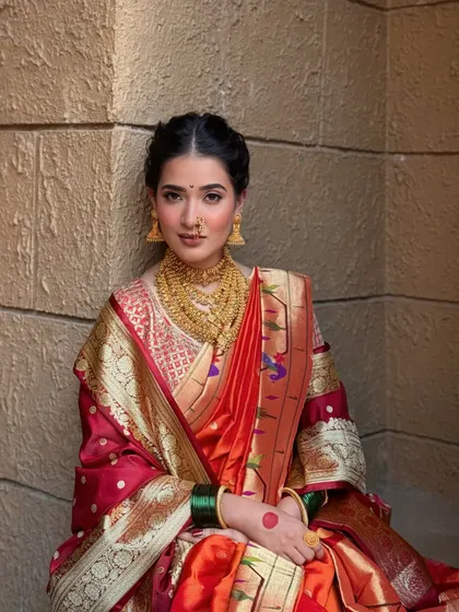 A classic portrait of a Maharashtrian bride. The makeup features warm tones and a defined eye, perfectly complementing the traditional gold jewellery and green bangles.