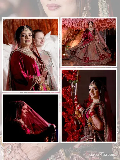 A collage of the bride's portraits, showing her with an angel-winged performer and her beautiful getting-ready moments.